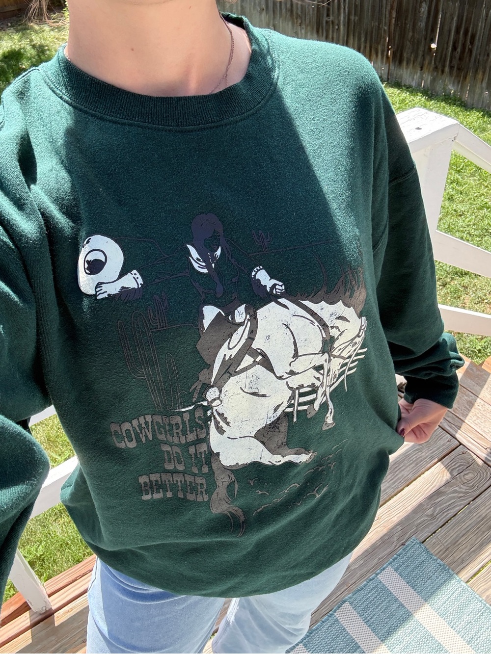 Dark Green Graphic Crewneck Sweatshirt - Cowgirls Design